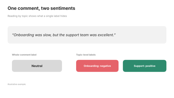 One comment carries two sentiments: onboarding negative and support positive, while a whole-comment label reads neutral