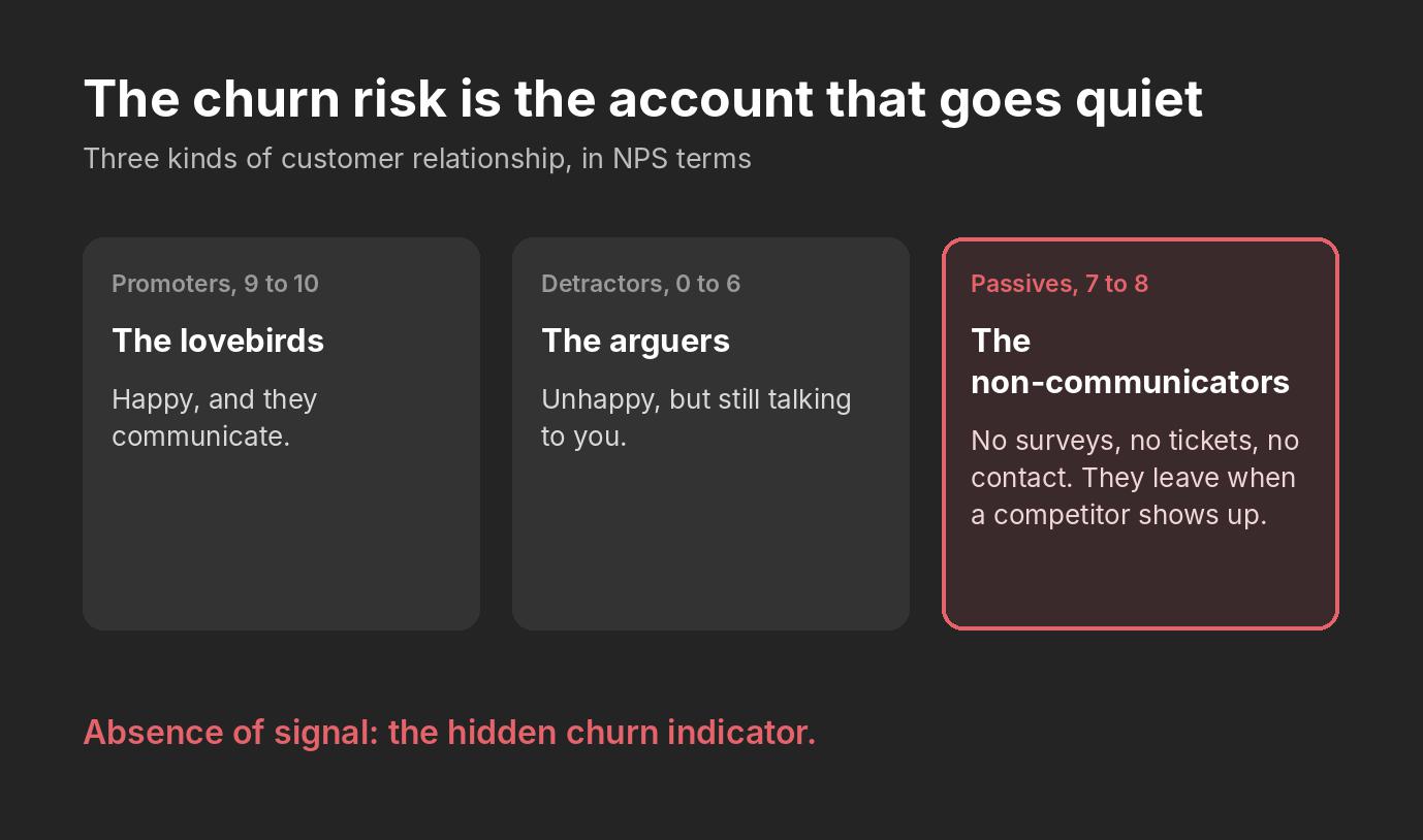 Promoters, detractors and passives as three kinds of relationship; passives go quiet and are the hidden churn risk.